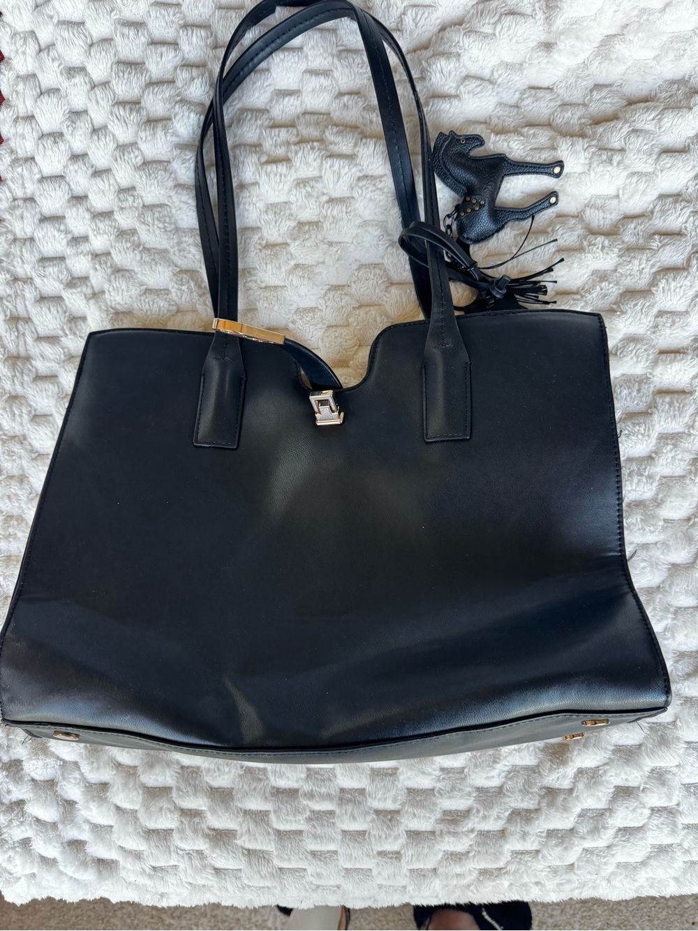 H&M Large Black Structured Tote | Gold Hardware | Leather Horse Charm Included
